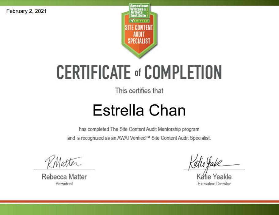 Estrella Chan Site Audit Certification